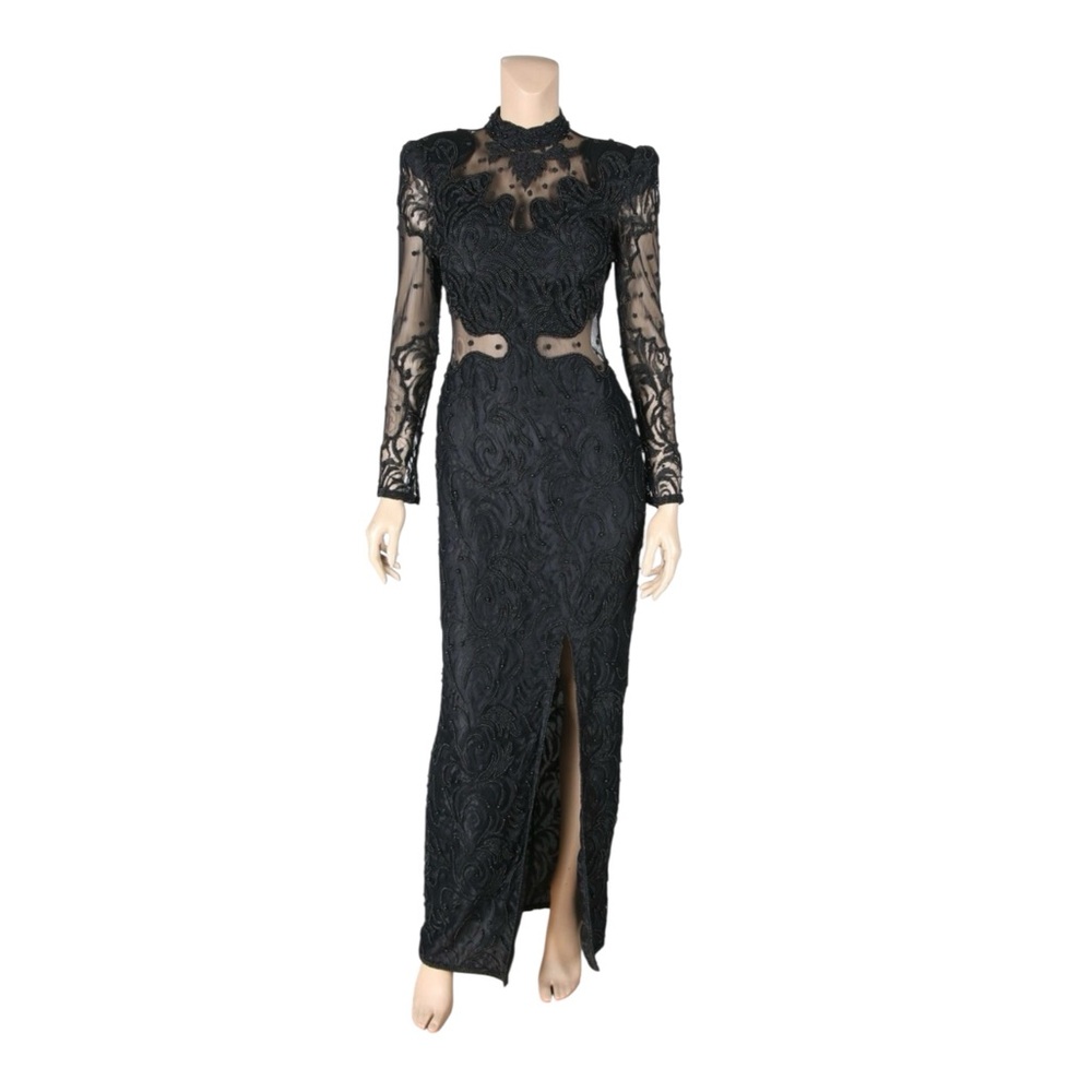 Vintage Precious Formals Black Beaded Lace Gown - Size Medium